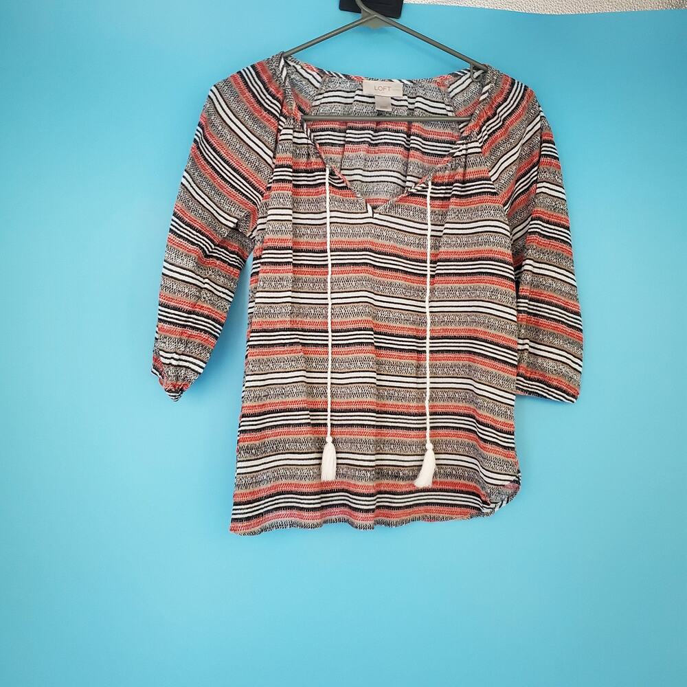 LOFT Blouse Size XXSP V-Neck 3/4 Sleeve Textured Lightweight Stripes